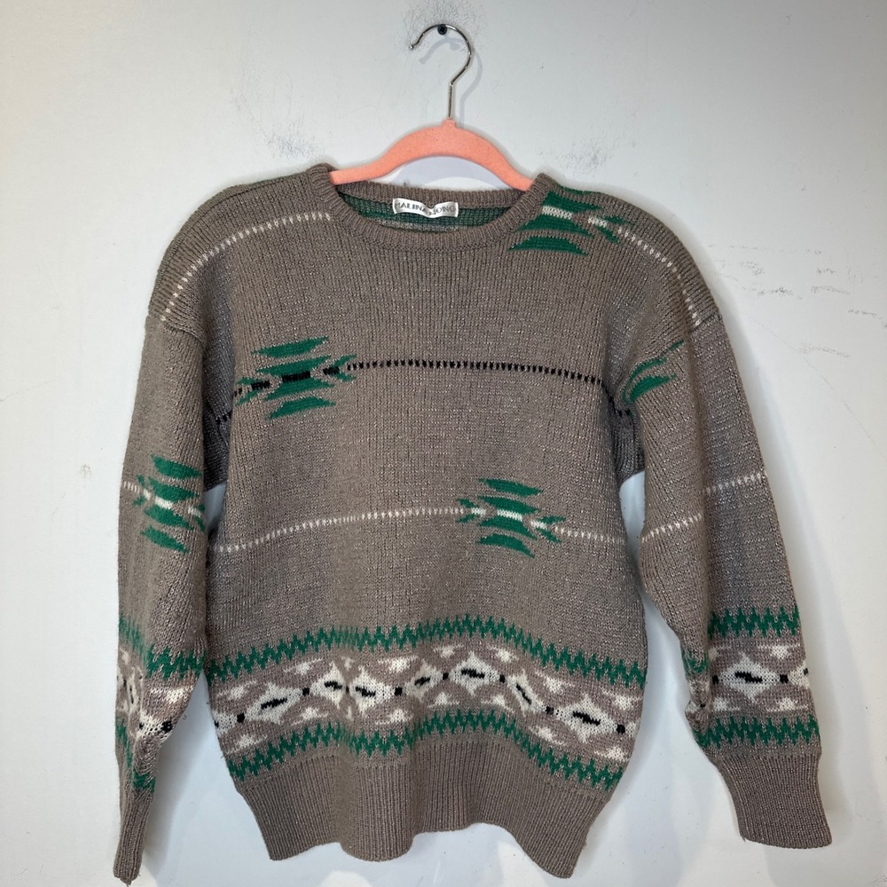 Boho Grandpa Vintage Taupe Geometric   Southwestern  Knit Crewneck Sweater Large